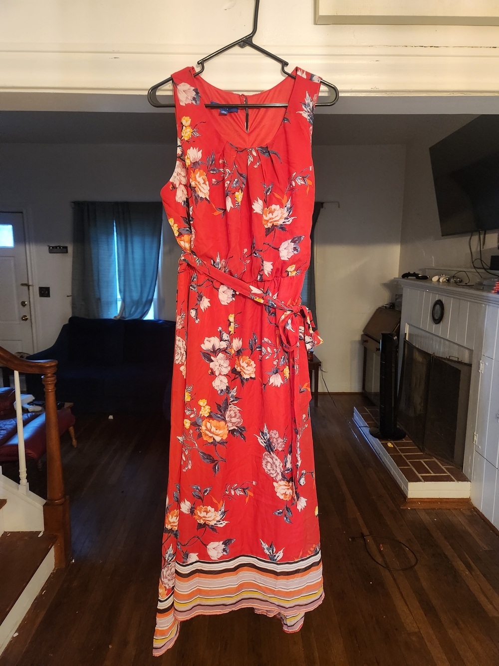 Sleeveless Red Floral Maxi Dress with Waist Tie